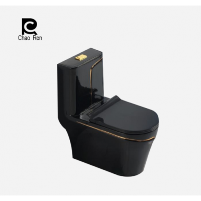 Black with Gold Line Luxury One-Piece Toilet Sanitary Ware Cistern Bathroom WC Bowl Washdown Toilet Floor Standing